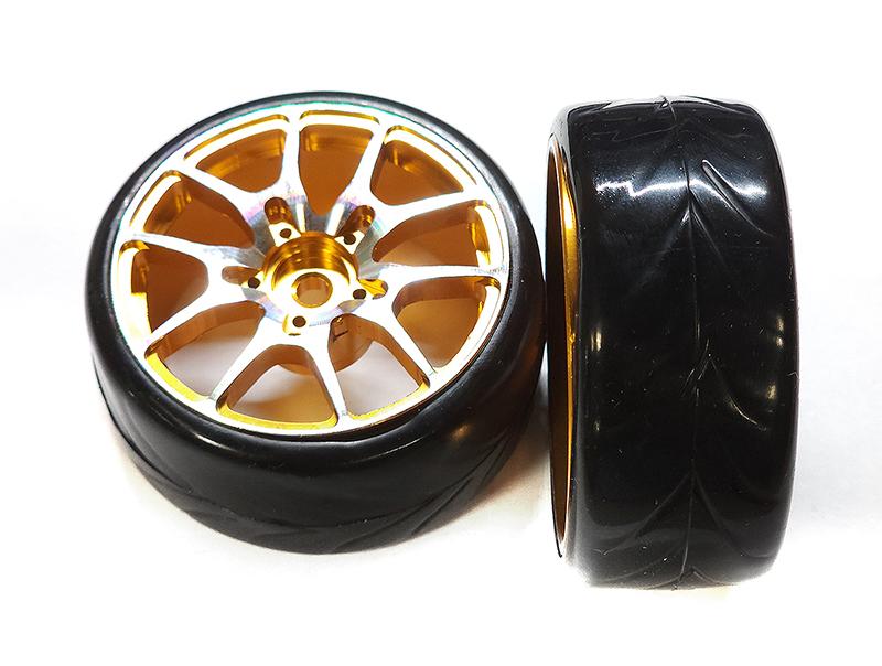 Alloy 10 Spoke Wheels  Tires Set (2) for 1/10 Drift W=26mm (tire damaged)  for R/C or RC Team Integy