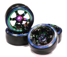 Rainbow Color 6 Spoke Wheel w/ Outer Ring + Drift Tire (4) Set (O.D.=62mm)