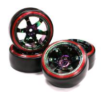 Rainbow Color 6 Spoke Wheel w/ Outer Ring + Drift Tire (4) Set (O.D.=62mm)
