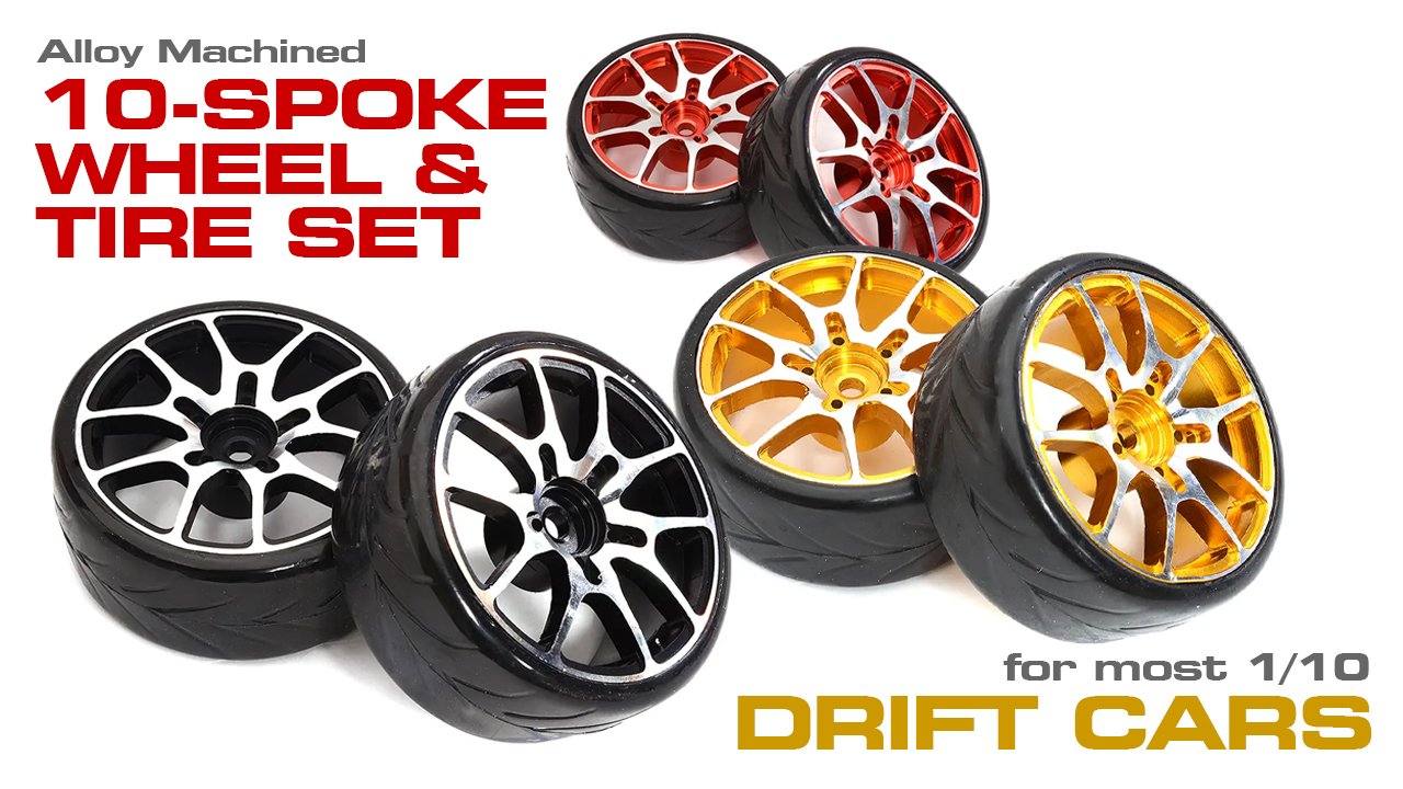 Alloy Machined 10-Spoke Wheels & Drift Tires for Most 1/10 Drift (#C32835)