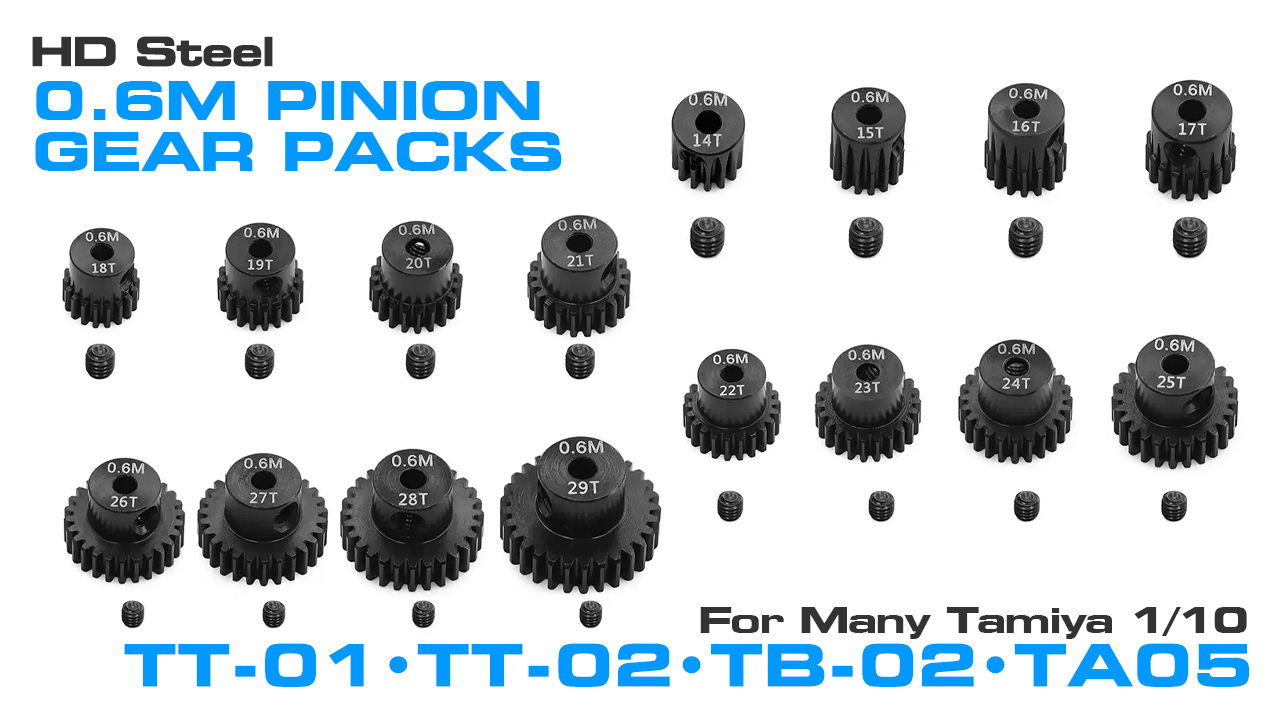 Steel 0.6 Motor Pinion Gear Pack for Tamiya TT01 TT02 TB02 TA05 (#C34044-C34047)